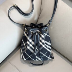 Burberry Black & White Check Canvas Bucket Bag, Drawstring Closure Mini Crossbody Handbag