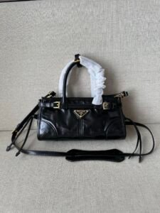Prada Black Crinkled Calfskin Leather Mini Tote Bag, Gold Hardware Luxury Handbag