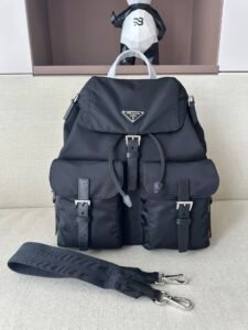 Prada Black Nylon Leather Trim Backpack, Drawstring Buckle Closure Luxury Travel Bag