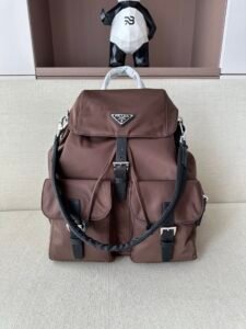 Prada Brown Nylon Leather Trim Backpack, Drawstring Buckle Closure Luxury Travel Bag