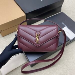 Saint Laurent Burgundy Quilted Calfskin Messenger Bag, Gold Hardware Luxury Crossbody Handbag
