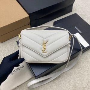Saint Laurent Off-White Quilted Calfskin Messenger Bag, Gold Hardware Luxury Crossbody Handbag
