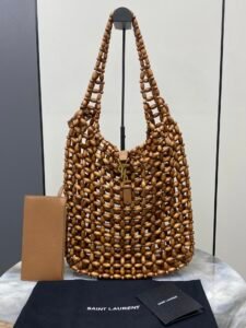 Saint Laurent Natural Wood Bead Woven Tote Bag, Gold Hardware Luxury Hobo Handbag