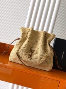 Saint Laurent Natural Raffia Crochet Drawstring Bucket Bag, Gold Hardware Luxury Hobo Handbag
