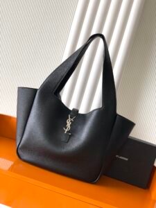 Saint Laurent Black Grained Calfskin Hobo Tote Bag, Silver Hardware Luxury Handbag