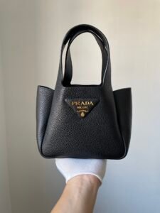 Prada Black Vitello Daino Leather Mini Tote Bag, Gold Hardware Luxury Handbag