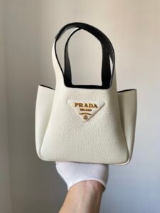 Prada Off-White Vitello Daino Leather Mini Tote Bag, Gold Hardware Luxury Handbag