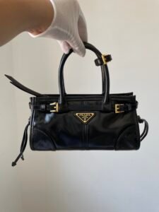 Prada Black Crinkled Calfskin Mini Boston Bag, Gold Hardware Luxury Handbag