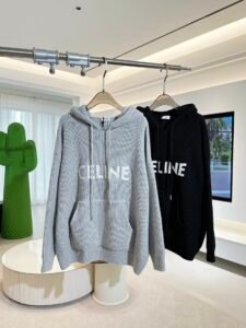Celine Unisex Logo Print Knitted Hooded Sweater, Light Grey/Black, Luxury Casual Pullover