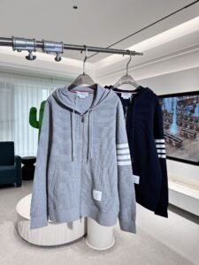 Thom Browne Unisex 4-Bar Ribbed Knit Zip-Up Hoodie, Light Grey/Navy, Luxury Casual Outerwear