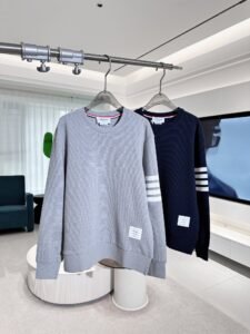 Thom Browne Unisex 4-Bar Ribbed Knit Crewneck Sweatshirt, Light Grey/Navy, Luxury Casual Pullover
