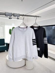 Thom Browne Unisex 4-Bar Classic Crewneck Sweatshirt, Light Grey/Dark Grey, Luxury Casual Pullover