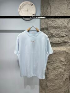 Christian Dior Unisex Oversized Logo Patch T-Shirt, Light Blue, Luxury Casual Short Sleeve Top
