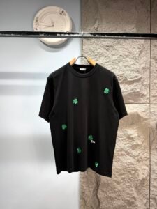 Dior Unisex Clover Embroidered Oversized T-Shirt, Black, Luxury Casual Short Sleeve Top