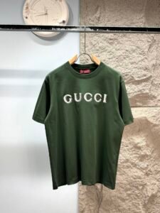 Gucci Unisex Embroidered Logo Oversized T-Shirt, Dark Green, Luxury Casual Short Sleeve Top