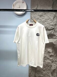 Gucci Unisex GG Logo Embroidered Oversized T-Shirt, White, Luxury Casual Short Sleeve Top