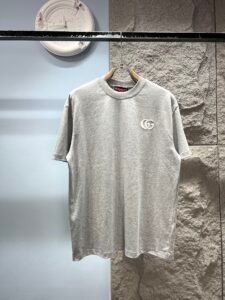 Gucci Unisex GG Logo Embroidered Oversized T-Shirt, Heather Grey, Luxury Casual Short Sleeve Top