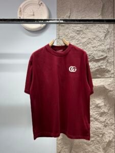 Gucci Unisex GG Logo Embroidered Oversized T-Shirt, Burgundy, Luxury Casual Short Sleeve Top