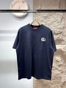 Gucci Unisex GG Logo Embroidered Oversized T-Shirt, Navy Blue, Luxury Casual Short Sleeve Top