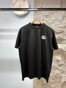 Gucci Unisex GG Logo Embroidered Oversized T-Shirt, Black, Luxury Casual Short Sleeve Top