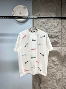 Louis Vuitton Unisex Multi-Color LV Logo Embroidered Oversized T-Shirt, White, Luxury Casual Short Sleeve Top