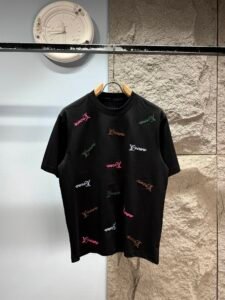 Louis Vuitton Unisex Multi-Color LV Logo Embroidered Oversized T-Shirt, Black, Luxury Casual Short Sleeve Top