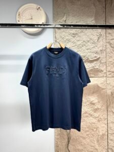 Fendi Unisex "FENDI ROMA" Logo Embroidered Oversized T-Shirt, Navy Blue, Luxury Casual Short Sleeve Top