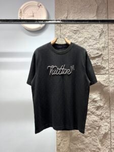 Louis Vuitton Unisex Rhinestone Script Logo Oversized T-Shirt, Black, Luxury Casual Short Sleeve Top