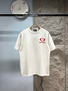 Balenciaga Unisex Red Hollow Heart Embroidery Oversized T-Shirt, White, Luxury Casual Short Sleeve Top