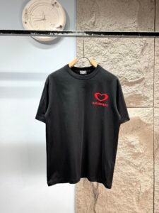 Balenciaga Unisex Red Hollow Heart Embroidery Oversized T-Shirt, Black, Luxury Casual Short Sleeve Top