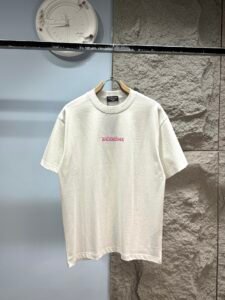 Balenciaga Unisex Pink Letter Embroidery Distressed Edge Oversized T-Shirt, White, Luxury Casual Short Sleeve Top
