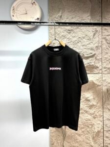 Balenciaga Unisex Pink Letter Embroidery Distressed Edge Oversized T-Shirt, Black, Luxury Casual Short Sleeve Top