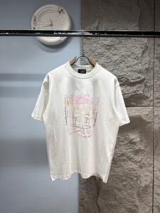 Balenciaga Unisex Vintage European Architecture Watercolor Print Oversized T-Shirt, Off White, Luxury Casual Short Sleeve Top