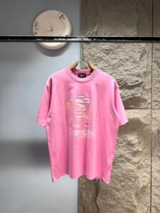 Balenciaga Unisex Vintage Architecture Gothic Letter Print Oversized T-Shirt, Pink, Luxury Casual Short Sleeve Top