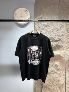 Balenciaga Unisex Fountain Architecture Gothic Letter Print Oversized T-Shirt, Black, Luxury Casual Short Sleeve Top