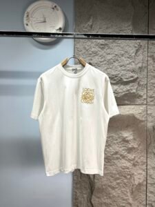 Loewe Unisex Classic Golden Anagram Embroidery Oversized T-Shirt, White, Minimalist Luxury Casual Short Sleeve Top