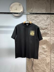 Loewe Unisex Classic Golden Anagram Embroidery Oversized T-Shirt, Black, Minimalist Luxury Casual Short Sleeve Top