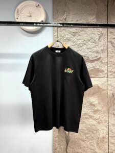 Dior Unisex Colorful Floral Letter Embroidery Oversized T-Shirt, Black, Luxury Daily Casual Short Sleeve Top
