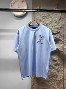 Fendi Unisex Cute Puppy Embroidery Oversized T-Shirt, Baby Blue, Playful Luxury Casual Short Sleeve Top