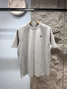 Celine Unisex Mini Triomphe Embroidery Logo Oversized T-Shirt, Heather Grey, French Minimalist Luxury Casual Short Sleeve Top