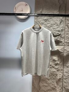 Celine Unisex Vintage Car Embroidery Logo Oversized T-Shirt, Heather Grey, French Retro Minimalist Luxury Casual Short Sleeve Top