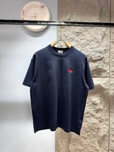 Celine Unisex Vintage Car Embroidery Logo Oversized T-Shirt, Navy Blue, French Retro Minimalist Luxury Casual Short Sleeve Top